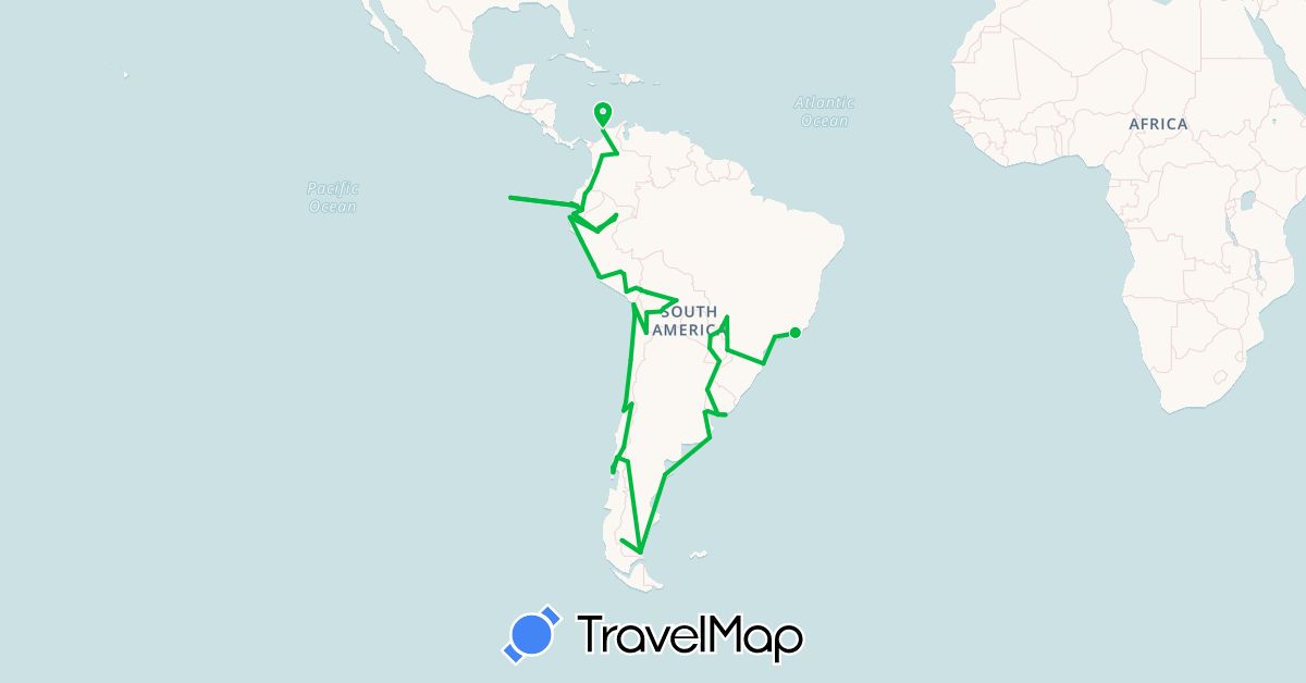 TravelMap itinerary: driving, bus in Argentina, Bolivia, Brazil, Chile, Colombia, Ecuador, Peru, Paraguay, Uruguay (South America)